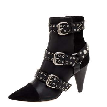 Pre Owned Isabel Marant Black Suede And Leather Eyelet Embellished Lysett Ankle Boots Size 39