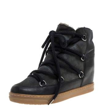 Pre Owned Isabel Marant Black Suede And Leather Nowels Wedge High Top Sneakers Size 38
