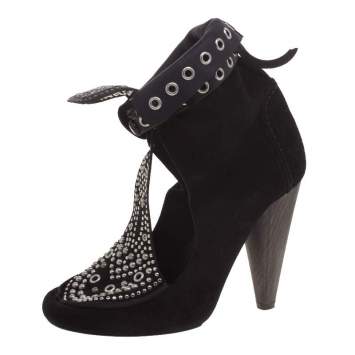 Pre Owned Isabel Marant Black Suede Mossa Studded Cutout Ankle Boots Size 36