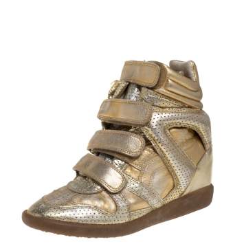 Pre Owned Isabel Marant Metallic Gold Leather Bekett Wedge Sneakers Size 37
