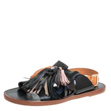 Pre Owned Isabel Marant Etoile Black/Brown Leather Clay Tassel Flat Sandals Size 40