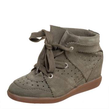Pre Owned Isabel Marant Olive Green Suede Bobby Wedge Sneakers Size 37