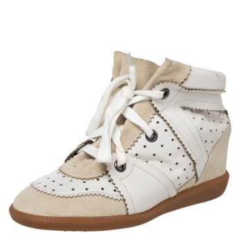 Pre Owned Isabel Marant White/Grey Leather And Suede Bobby Wedge Sneakers Size 39
