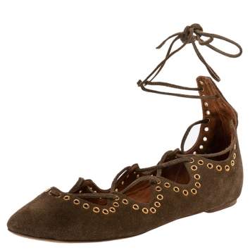مملوكة مسبقًا Isabel Marant Brown Suede Leo Eyelet Ankle Wrap Ballet Flats Size 38