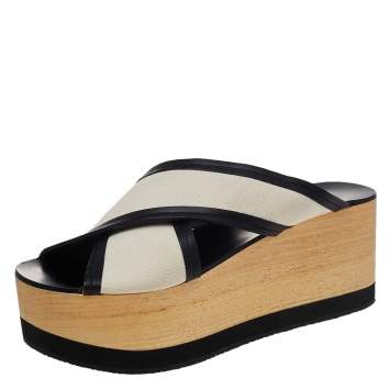 Pre Owned Isabel Marant White/Black Canvas And Leather Zerry Platform Wedge Slide Sandals Size 39