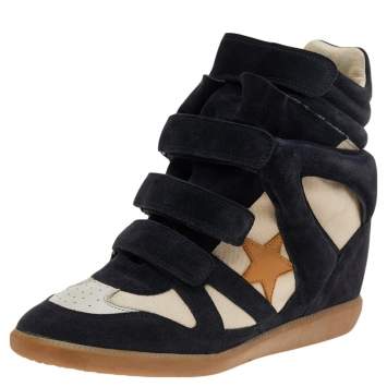 Pre Owned Isabel Marant Black/Beige Suede And Leather Bekett Wedge Sneakers Size 41