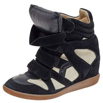 Pre Owned Isabel Marant Black/Beige Suede and Leather Bekett Wedge Sneakers Size 39