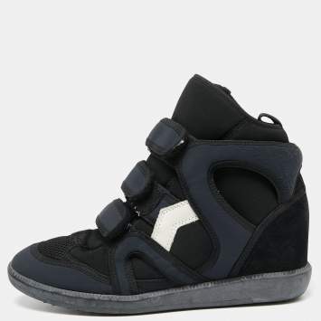 Pre Owned Isabel Marant Black/Navy Blue Suede And Nylon High Top Wedge Sneakers Size 38