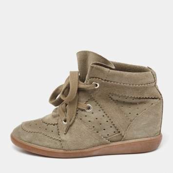 Pre Owned Isabel Marant Olive Green Suede Bobby Wedge Sneakers Size 39