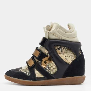 Pre Owned Isabel Marant Multicolor Suede And Python Embossed Leather Beckett Wedge High Top Sneakers Size 37