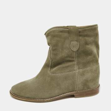 Pre Owned Isabel Marant Olive Green Suede Ankle Boots Size 37