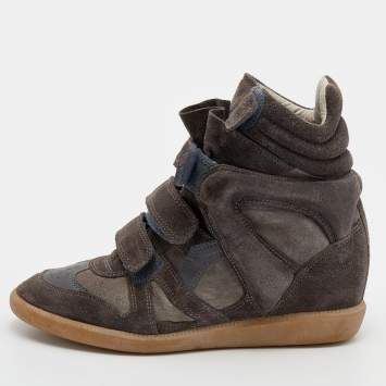 Pre Owned Isabel Marant Grey/Brown Suede And Leather Bekett Wedge Sneakers Size 39