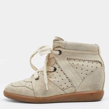 Pre Owned Isabel Marant Cream Perforated Suede Wedge Sneakers Size 38
