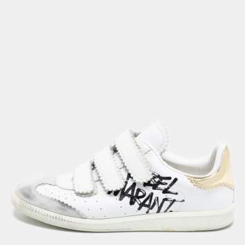 Pre Owned Isabel Marant White/Gold Leather And Suede Étoile Beth Graffiti Low Top Sneakers Size 39