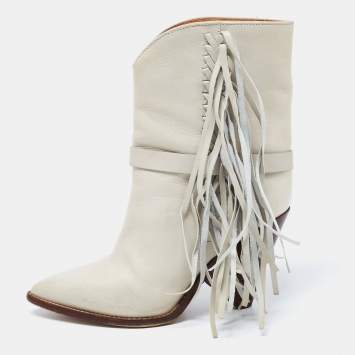 Pre Owned Isabel Marant Grey Leather Fringe Detail Loffen Ankle Length Boots Size 37