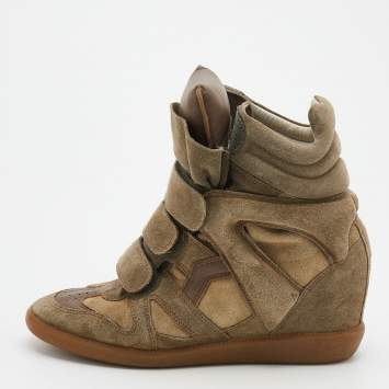Pre Owned Isabel Marant Olive Green/Brown Suede And Leather Bekett Wedge Sneakers Size 38
