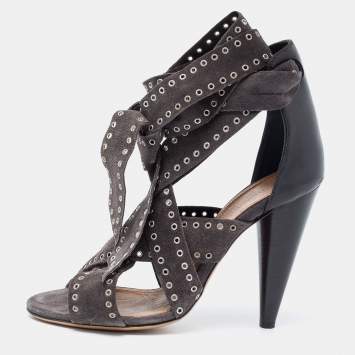 Pre Owned Isabel Marant Grey Eyelet Suede Anaid Cross Strap Wrap Around Sandals Size 40