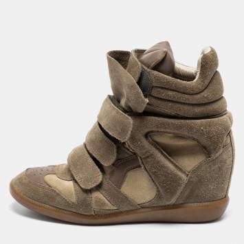 Pre Owned Isabel Marant Green/Beige Suede And Leather Bekett Wedge Sneakers Size 38