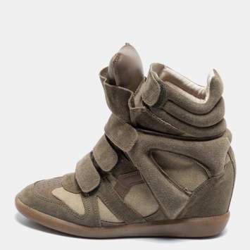 Pre Owned Isabel Marant Olive Green/Brown Suede and Leather Bekett Wedge High-Top Sneakers Size 38