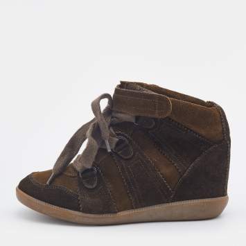 Pre Owned Isabel Marant Olive Green Suede Bobby Wedge Sneakers Size 36