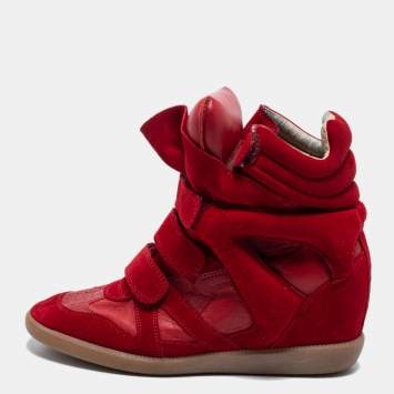 Pre Owned Isabel Marant Red Suede and Leather Bekett Wedge Sneakers Size 39