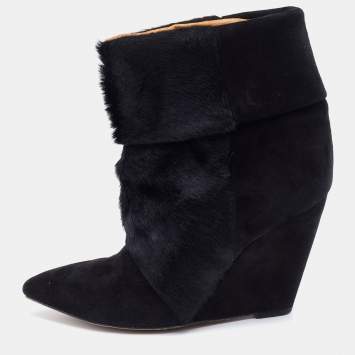 Pre Owned Isabel Marant Black Calf Hair and Suede Wedge Ankle Boots Size 38