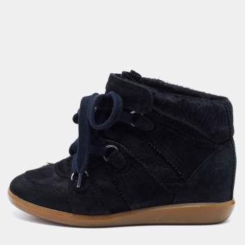 Pre Owned Isabel Marant Black Suede and Calf Hair Wedge Lace Up Sneakers Size 38