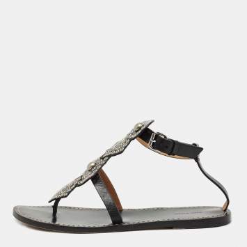 Pre Owned Isabel Marant Black Leather Eyelet Embellished Thong Flat Sandals Size 41