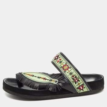 Pre Owned Isabel Marant Green/Black Leather Embroidered Ebann Slides Size 39