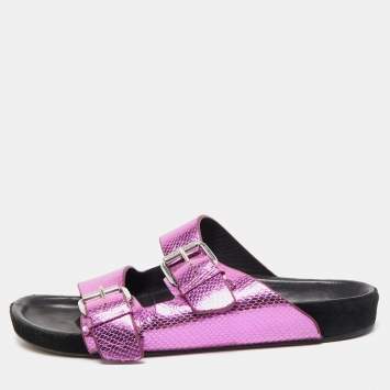 Pre Owned Isabel Marant Purple/Black Snakeskin Embossed Leather Buckle Detail Flat Sandals Size 36