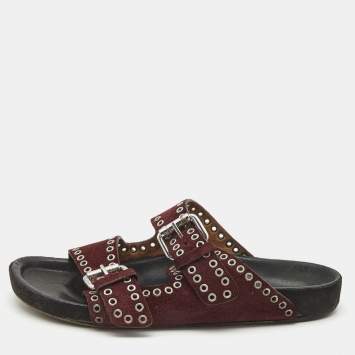 Pre Owned Isabel Marant Burgundy Suede Lenny Eyelet Studded Slides Size 36