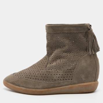 Pre Owned Isabel Marant Grey Cutout Suede Tassel Embellished "Beslay" Wedge Ankle Boots Size 38