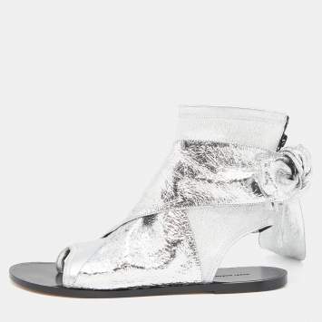 Pre Owned Isabel Marant  Silver Leather Mosley Gladiator Flat Sandals Size 39 