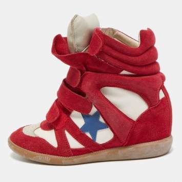 Pre Owned Isabel Marant Red/White Suede and Canvas Bekett Wedge Sneakers Size 39