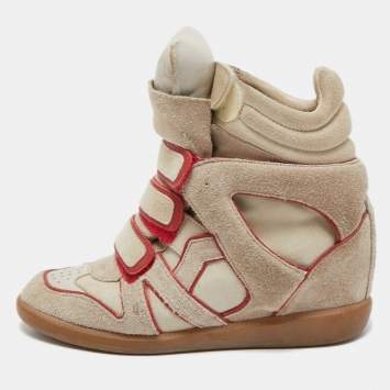 Pre Owned Isabel Marant Grey/Red Suede Bekett Wedge Sneakers Size 38