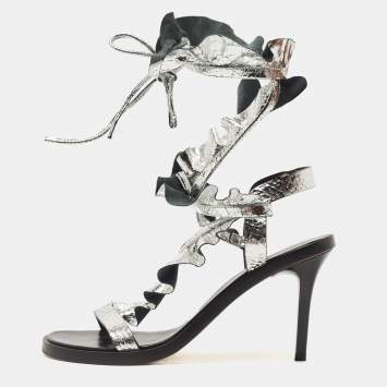 Pre Owned Isabel Marant Silver Texture Leather Aseta Ankle Strap Sandals Size 38