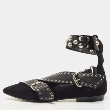 Pre Owned Isabel Marant Black Leather and Velvet Eyelet Ballet Flats Size 38
