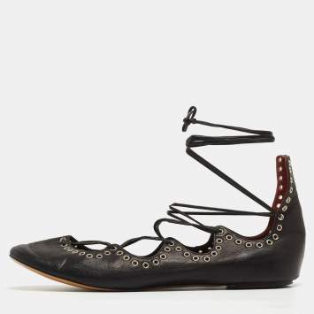 Pre Owned Isabel Marant Black Leather Leo Eyelet Ankle Wrap Ballet Flats Size 41