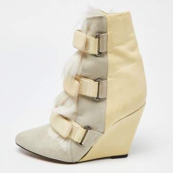 Pre Owned Isabel Marant Tricolor Leather and Calf Hair Pierce Wedge Ankle Boots Size 38