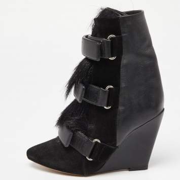 Pre Owned Isabel Marant Black Suede and Calf Hair Scarlet Wedge Boots Size 36