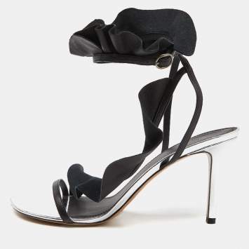 Pre Owned Isabel Marant Black/Silver Leather Aseta Ankle Strap Sandals Size 39