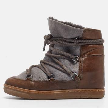 Pre Owned Isabel Marant Brown/Grey Suede Leather Nowels Wedge Ankle Boots Size 38