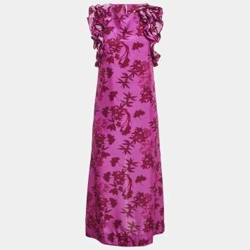 Pre Owned Isla & White Pink Floral Print Silk Ruffle-Sleeve Miray Dress XS