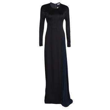 Pre Owned Issa Black Contrast Plisse Panel Detail Vanka Heavy Double Georgette Maxi Dress M