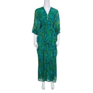Pre Owned Issa Green Printed Silk Zip Front Ruched Maxi Dress S