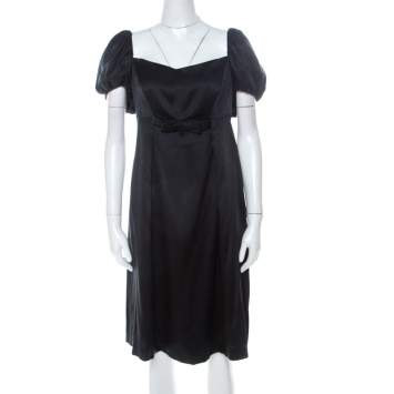 Pre Owned Issa Black Silk Puff Sleeve Front Bow Detail Short Dress L