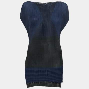 Pre Owned Issey Miyake Black/Blue Plisse Cap Sleeve Top S