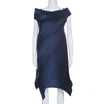 Pre Owned Issey Miyake Navy Blue Pleated Boat Neck Asymmetric Dress S