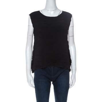 Pre Owned Issey Miyake Black Geometric Plisse Sleeveless Asymmetric Top S