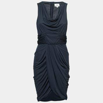 Pre Owned فستان جي. مندل خصر مزين ديرابية قصير حرير جيرسية أزرق كحلي M